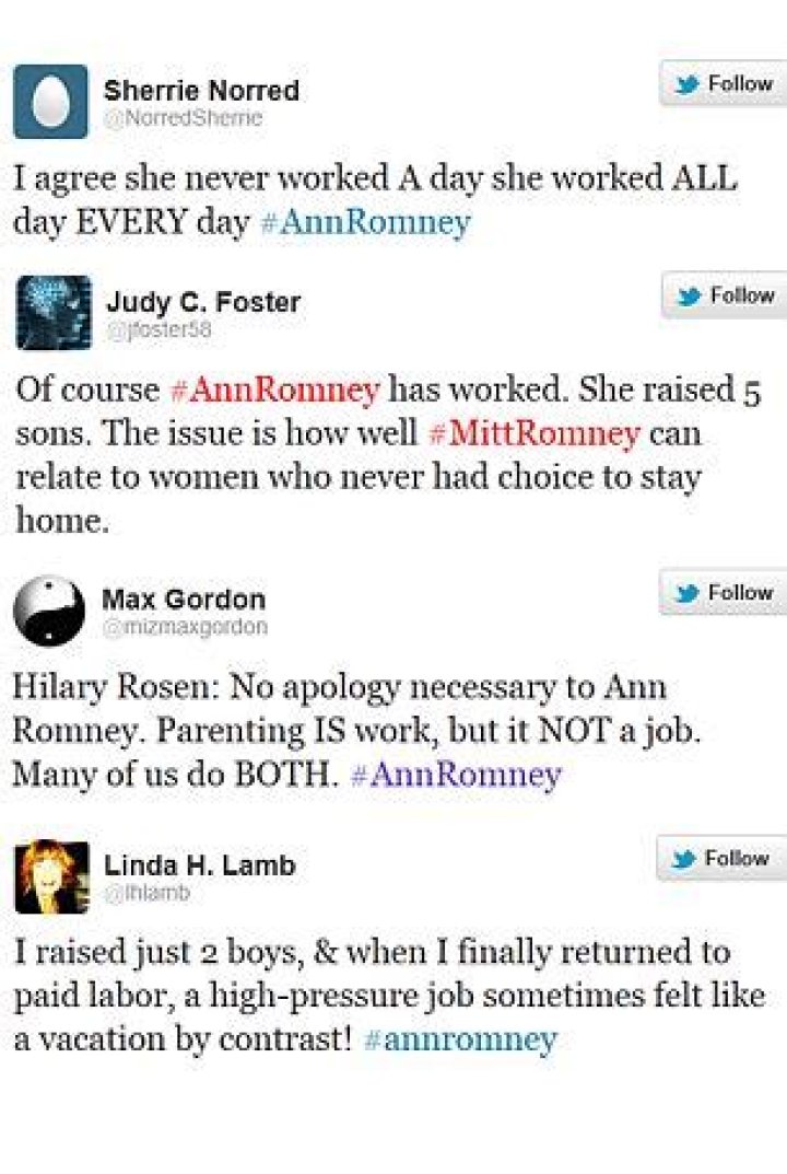 Anne Romney defends her self after Hilary Rosen says she 'never worked