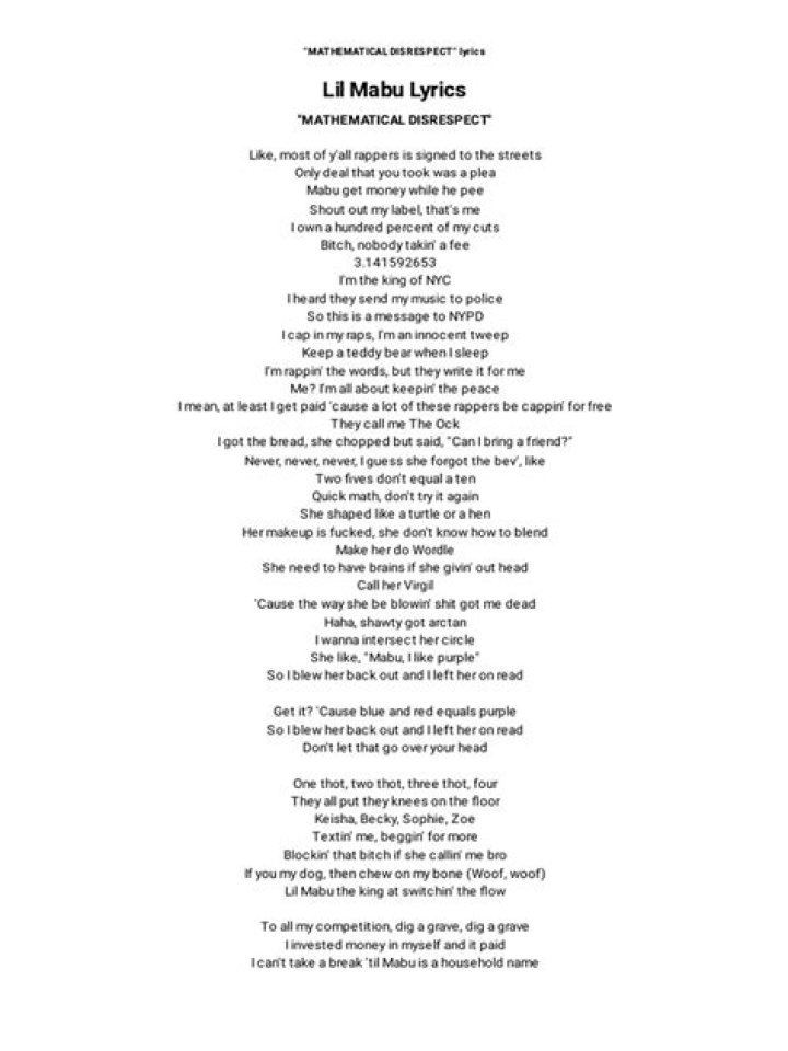 Lil Mabu MATHEMATICAL DISRESPECT Lyrics Genius Lyrics